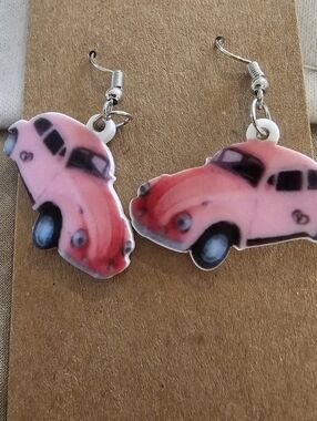 Pink Volkswagon Bug Dangle Earrings Lightweight Easy To Wear